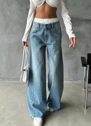Жіночі трендові широкі джинси труби wide leg вільного крою з високою посадкою та подвійним поясом