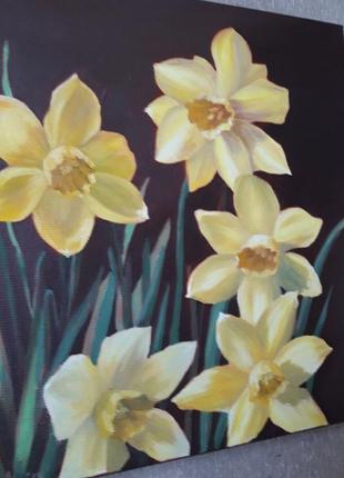 Цветы нарциссы, картина маслом на холсте, размер 24х24см3 фото
