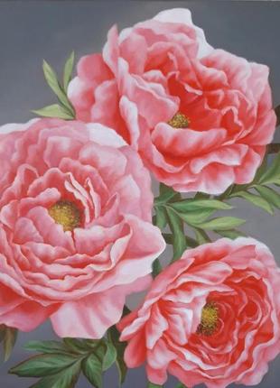 Розовые пионы, картина маслом на холсте,1 фото