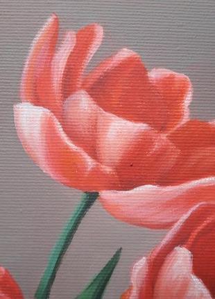 Червоні тюльпани, картина маслом розміром 24х24см, авторський живопис мирослави волощук5 фото