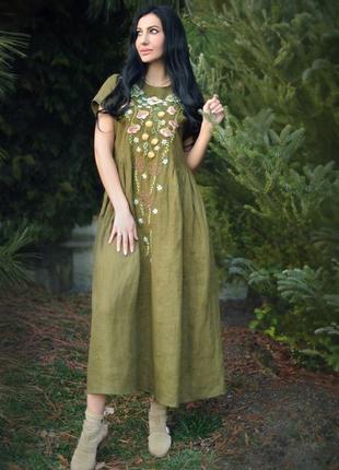 Стильне лляне плаття з ручною вишивкою "танок квітів"7 фото