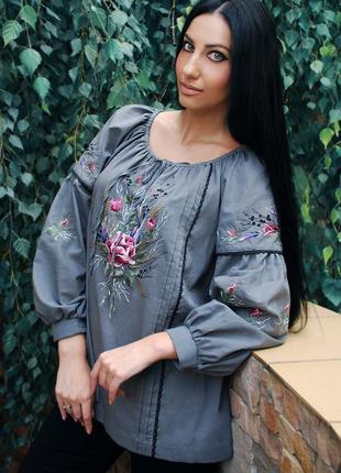 Блуза з вишивкою, вишиванка "троянда і лаванда" нарядна блузка1 фото