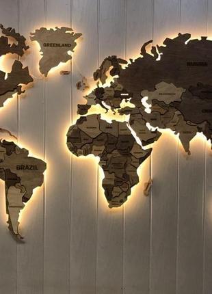 Карта світу 3d з підсвічуванням, гравіруванням назв країн і кордонів, багаторівнева...