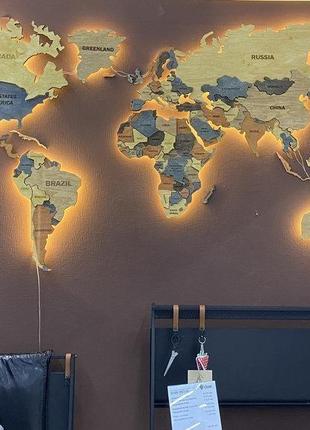 Карта світу 3d з підсвічуванням, гравіруванням назв країн і кордонів, багаторівнева карта 2000х1200мм4 фото