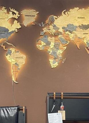 Карта світу 3d з підсвічуванням, гравіруванням назв країн і кордонів, багаторівнева карта 2000х1200мм3 фото