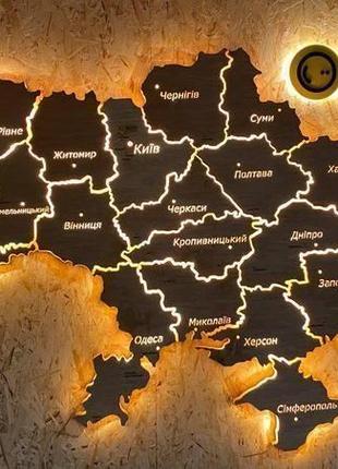 Деревянная карта украины с led подсветкой по контуру и подсветкой названий областных...