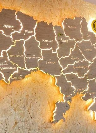 Дерев'яна карта україни з led підсвічуванням по контуру і підсвічуванням назв обласних центрів 200х140 см1 фото