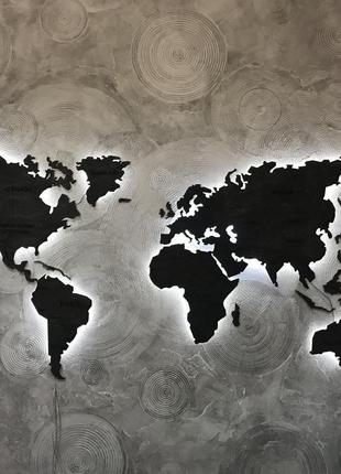 Дерев'яна карта світу з підсвічуванням (холодна) xs-100х60 см антрацит1 фото
