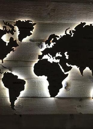 Деревянная карта мира с подсветкой (холодная) l-170x100 см антрацит4 фото