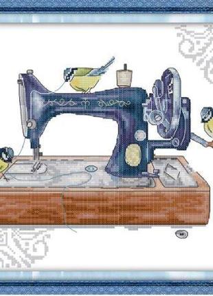 Набір для вишивання за нанесеною на канву схемою "bird and sewing machine". aida 14ct printed 35*30 см