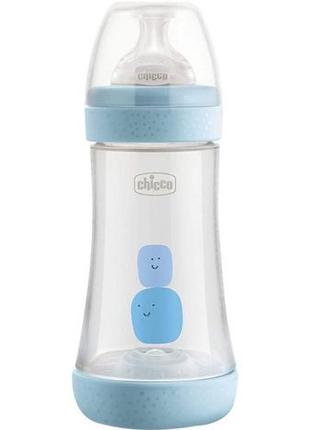 Бутылочка для кормления пластиковая chicco perfect 5 с силиконовой соской 2м+ 240 мл голубая (20223.20.40)1 фото