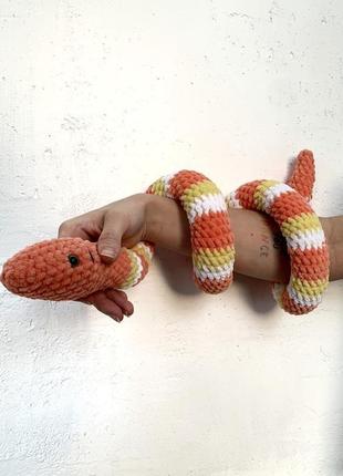 Мяка плюшева вязана тканева змія жовта помаранчева змея длинная для дивана5 фото