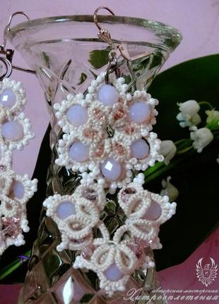 Весільні сережки, анкарс з рожевими скляними намистинами7 фото