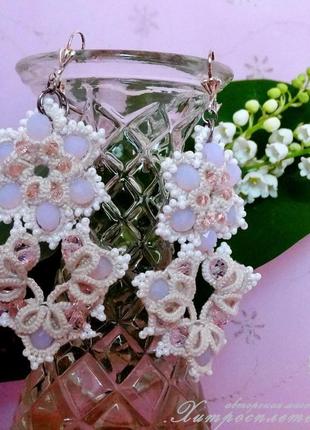 Весільні сережки, анкарс з рожевими скляними намистинами5 фото