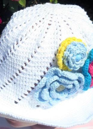 Шляпа вязаная женская пляжная хлопок крючком головной убор летний ажурная белая4 фото