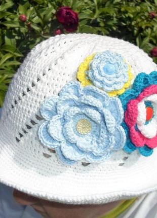 Шляпа вязаная женская пляжная хлопок крючком головной убор летний ажурная белая2 фото