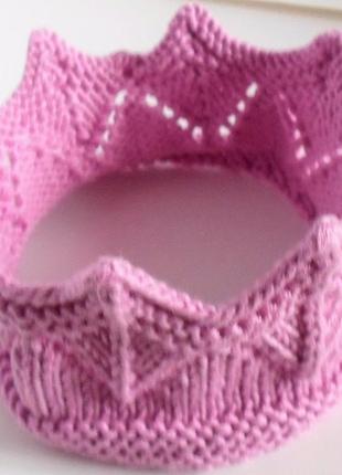 Вязаная повязка на голову корона детские розовая головной убор2 фото