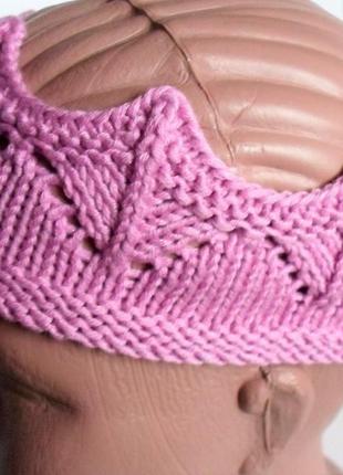 Вязаная повязка на голову корона детские розовая головной убор