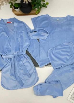 Домашний комплект (пижама) из велюра 5 в 1 для девочки (халат с поясом, брюки, футболка, шорты, маска для сна)