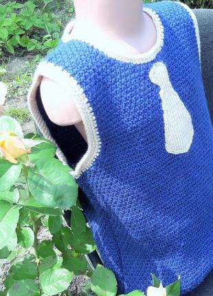 Дитяча плетена жилетка безрукавка  напіввовна трикотаж синя3 фото