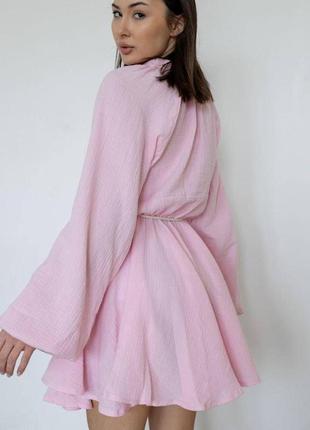 Легкое весеннее летнее женское муслиновое платье «milana» в розовом цвете с длинным рукавом с поясом4 фото