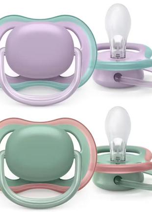 Силиконовая ортодонтическая пустышка philips avent ultra air 6-18 мес 2 шт бирюзовая/фиолетовая (scf085/16)1 фото