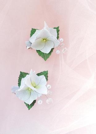 Гортензия заколки/резинки, цветочные аксессуары, белый цветок заколка, белые цветочные банты1 фото