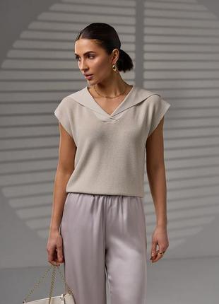 Вільна трикотажна блуза без рукавів шовковистий легкий жилет поло жіноча футболка топ з коміром3 фото