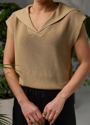 Вільна трикотажна блуза без рукавів шовковистий легкий жилет поло жіноча футболка топ з коміром2 фото