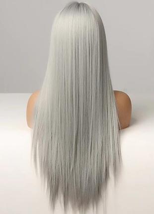 Парик серый с челкой, парик длинные волосы серый3 фото