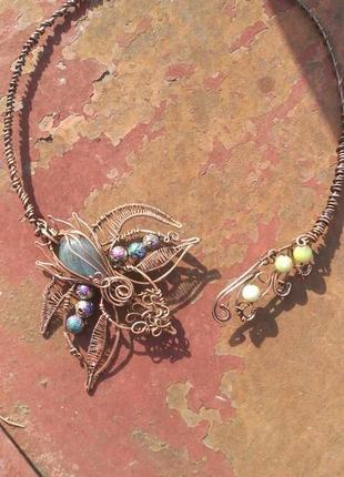 Колье, проволока, медь, колье, ожерелье цвета папоротника6 фото