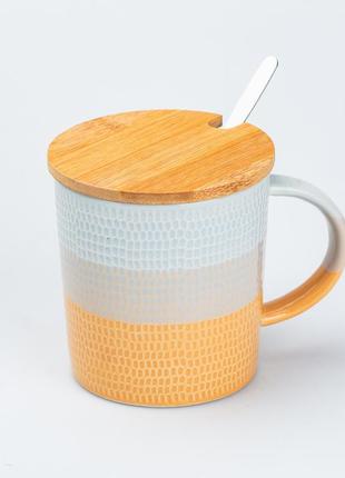 Чашка з бамбуковою кришкою та ложкою керамічна 350 мл помаранчева