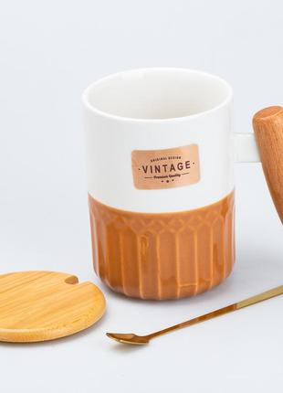 Чашка керамічна з бамбуковою кришкою та ручкою 400 мл коричнева2 фото