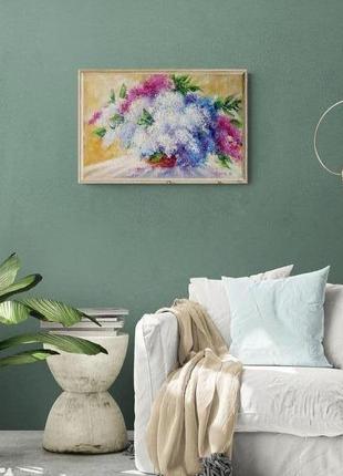 Натюрморт з квітами бузок абстрактна картина олією6 фото