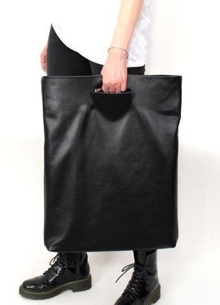 Велика шкіряна сумка клатч big thing, чорна сумка з м'якої шкіри у мінімалістичному стилі6 фото