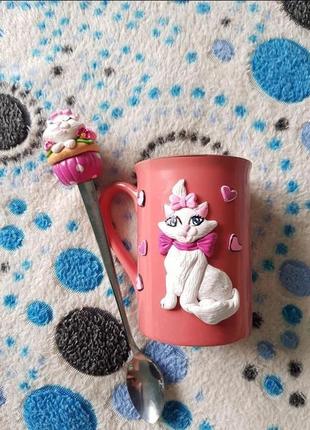Комплект декорированной полимерной глиной ложки с чашкой "влюблённая кошечка"