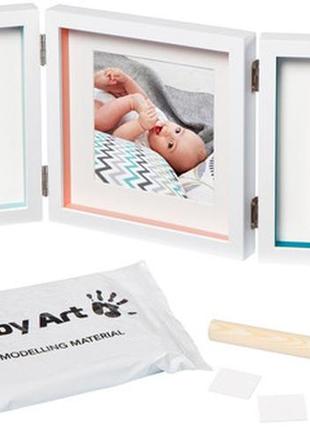 Набор для создания отпечатка ручки и ножки малыша baby art тройная рамка белая с полосками (3601095400)2 фото