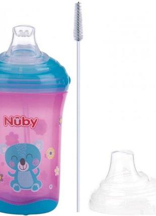 Поильник nuby no spill силиконовый супер носик-непроливайка с крышкой 300 мл розовый (10348pnk)1 фото