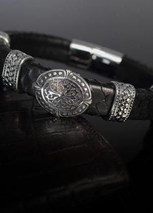 Мужской браслет "византия" из натуральной змеиной кожи. чёрный.2 фото