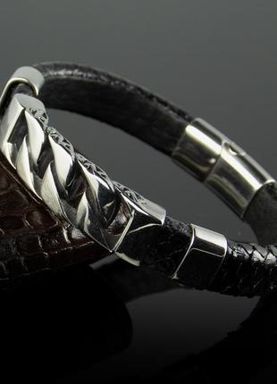 Чоловічий браслет "chain" із зміїної шкіри. чорний.2 фото