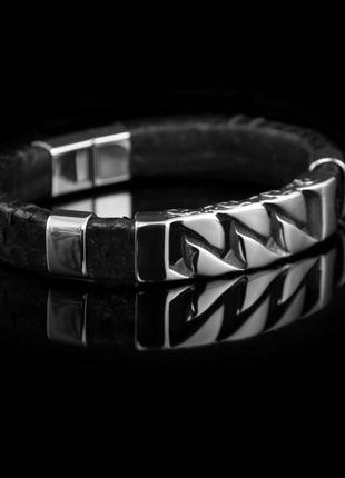 Мужской браслет "chain" из змеиной кожи. чёрный.6 фото