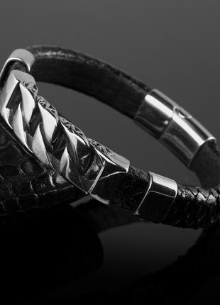 Чоловічий браслет "chain" із зміїної шкіри. чорний.4 фото