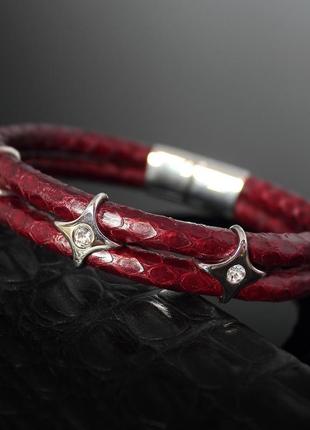 Жіночий браслет "belle" із натуральної зміїної шкіри. темно червоний.3 фото