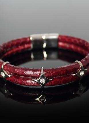 Женский браслет "belle" из натуральной змеиной кожи. тёмно-красный.