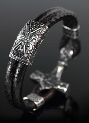 Мужской браслет "молот тора" из натуральной змеиной кожи. коричневый.2 фото