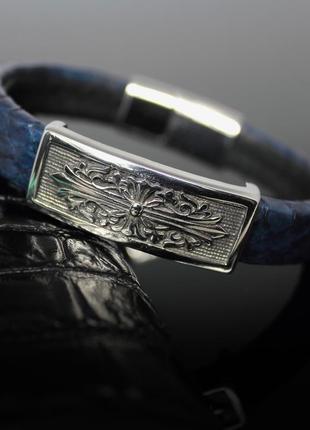 Чоловічий браслет "klassik" із натуральної зміїної шкіри. синій2 фото