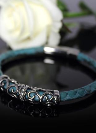 Жіночий браслет "версаль" із натуральної зміїної шкіри. попелясто-блакитний.2 фото