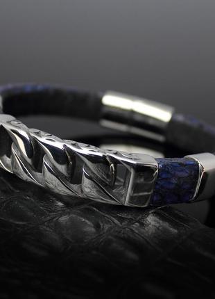 Чоловічий браслет "chain" із натуральної зміїної шкіри. синій.4 фото