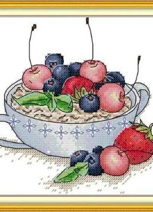 Набір для вишивання за нанесеною на канву схемою  "fruit oatmeal tea".aida 14ct printed , 20*19 см