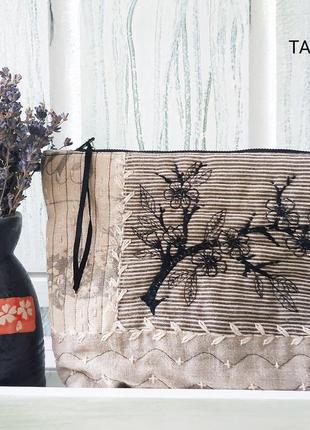 Косметичка з льону з вишивкою ′ сакура ′1 фото